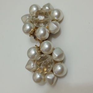 Vintage JAPANESE GLASS Pearl Cluster Earrings,  Clear Crystal Beads.